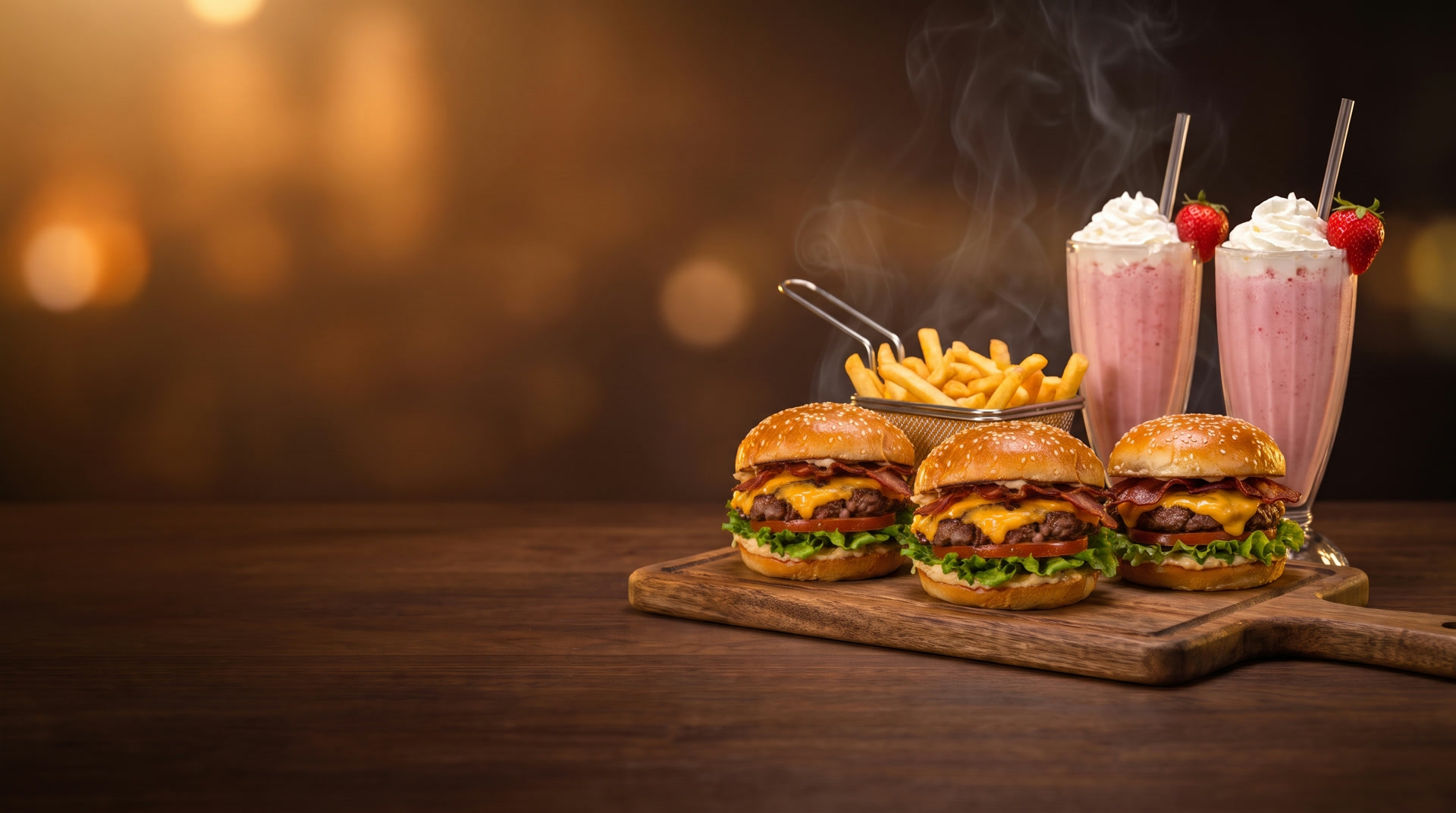 Mesa de hamburgueria à noite com lanches e milkshakes