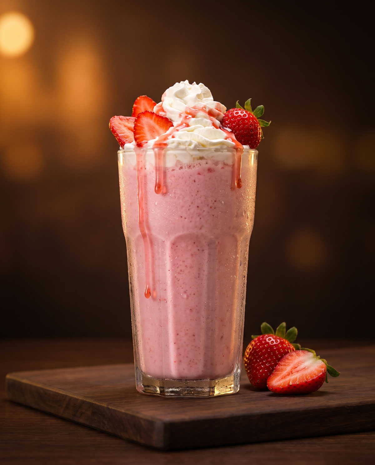 Milkshake de morango cremoso num copo alto